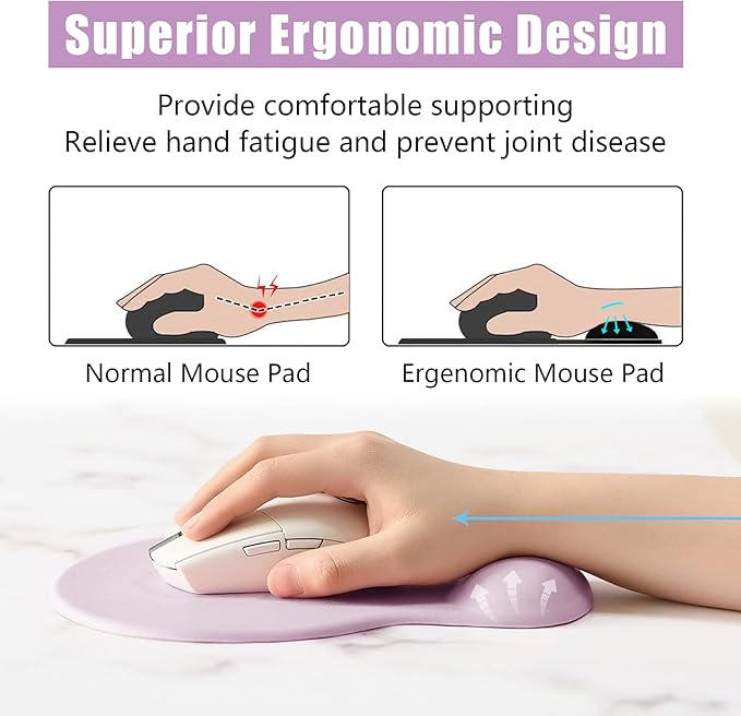 Hsurbtra Ergonomic Mouse Pad with Wrist Rest Support, Gel Mouse Pads with Non-Slip PU Base, Pain Relief Memory Foam Computer Mat, Cute Office Supplies Desk Decro Accessories, Vanilla Purple
