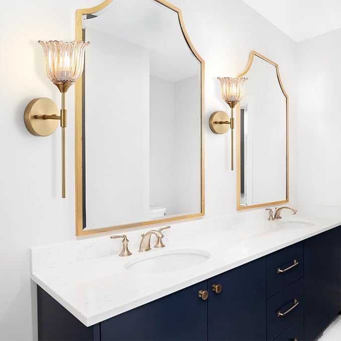 Gold Wall Sconce Set of 2 with Amber Glass Shades Modern Mid Century Bathroom Vanity Wall Light Fixtures Industrial Brushed Brass Wall Lamp for Bedroom Mirror Living Room Restaurant