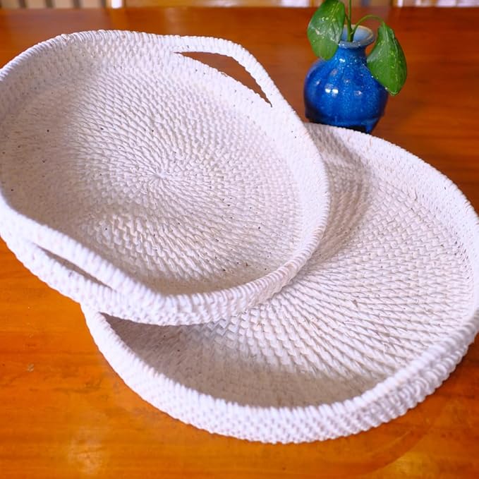White Wash Round Rattan- Handmade Serving Tray-Decorative Woven Ottoman-Trays with Handles for Coffee Table Natural Basket Wave Tray (L- 13.7 Inch & M-11.8 Inch), Brown