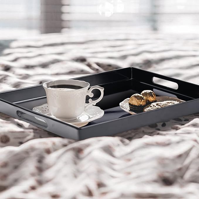 Serving Tray with Handles-10x15Inch Black Melamine Modern Serving Platters,Serving Wine,Coffee,Breakfast/Kitchen Countertop Tray/Makeup Drawer Organizer/Vanity Table Tray/Decorative Tray