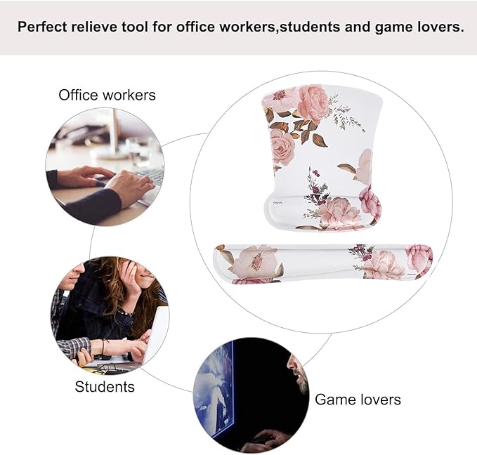 MOSISO Wrist Rest Support for Mouse Pad & Keyboard Set, Peony Ergonomic Mousepad Non-Slip Base Home/Office Pain Relief & Easy Typing Cushion with Neoprene Cloth & Raised Memory Foam, White