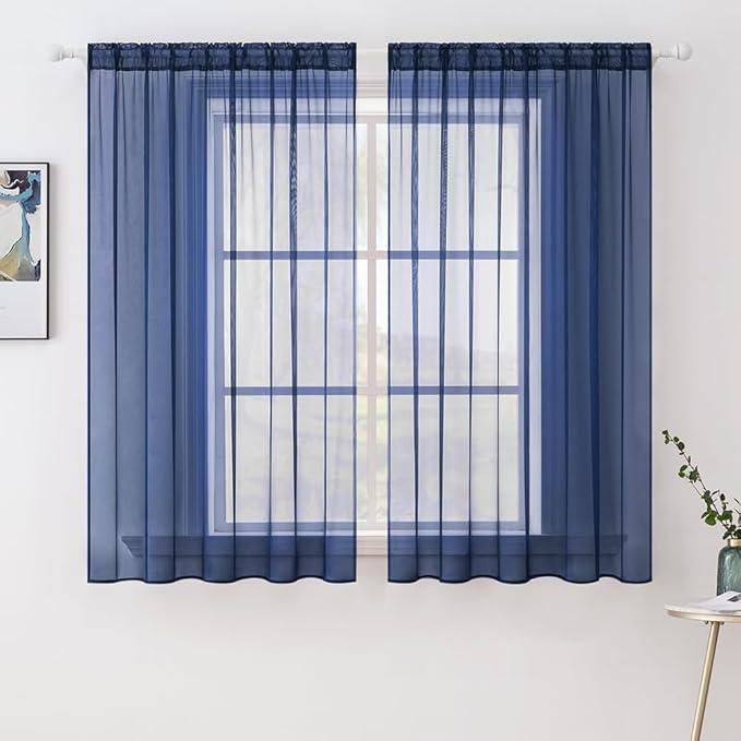 MIULEE 2 Panels Solid Color Sheer Window Curtains Elegant Window Voile Panels/Drapes/Treatment for Bedroom Living Room (54X45 Inches Dark Blue)