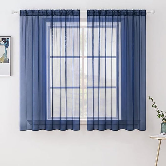 MIULEE 2 Panels Solid Color Sheer Window Curtains Elegant Window Voile Panels/Drapes/Treatment for Bedroom Living Room (54X45 Inches Dark Blue)
