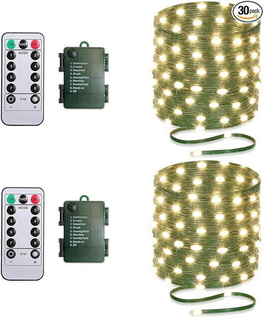 33ft Battery Operated String Lights (2 Pack), 100 LED Fairy String Lights Battery Powered w/Remote & Timer for Indoor Outdoor Christmas Trees Wreath Decoration Bedroom Patio - Warm White