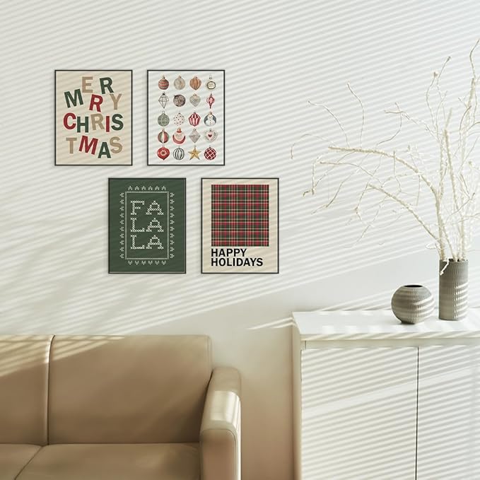 ETVISO Christmas Decor, Merry Christmas Wall Art Prints Set of 4, Retro Vintage Xmas Poster, Funny Winter Holidays Gift Print Decor for Gallery Living Room Bathroom, 8x10 (Unframed)