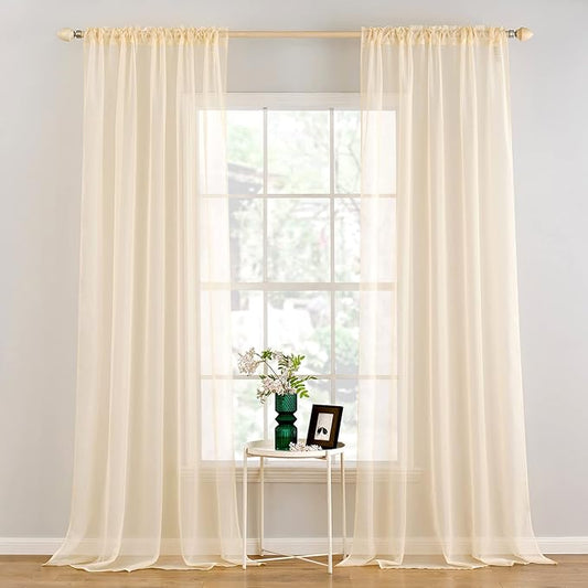MIULEE 2 Panels Solid Color Sheer Window Curtains Elegant Window Voile Panels/Drapes/Treatment for Bedroom Living Room (54 X 120 Inches Cream Beige)