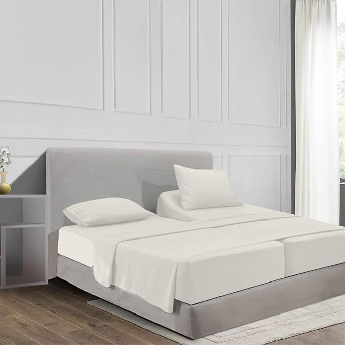 100% Egyptian Cotton Split King Sheet Set 1000 Thread Count Ivory Luxury Hotel Soft and Smooth Split King Size Bed Sheets Set 16" Deep Pocket Extra Long Staple Cotton Sateen Weave - 5 Piece