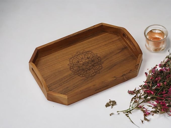 Vesta Homes Set of 2 Zak Acacia Wood Rectangular Serving Tray for Home/Kitchen/Restaurant/Office Organizer/Dining Table|Premium Wooden Trays|48 X 33 ; 40 x 27 cm | Handcrafted in India