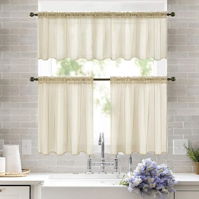 MIULEE 2 Panels Kitchen Tiers Half Window Sheer Curtains Rod Pocket Translucent Voile Drape for Kitchen Bathroom Small Windows 29 by 36 Inch Beige