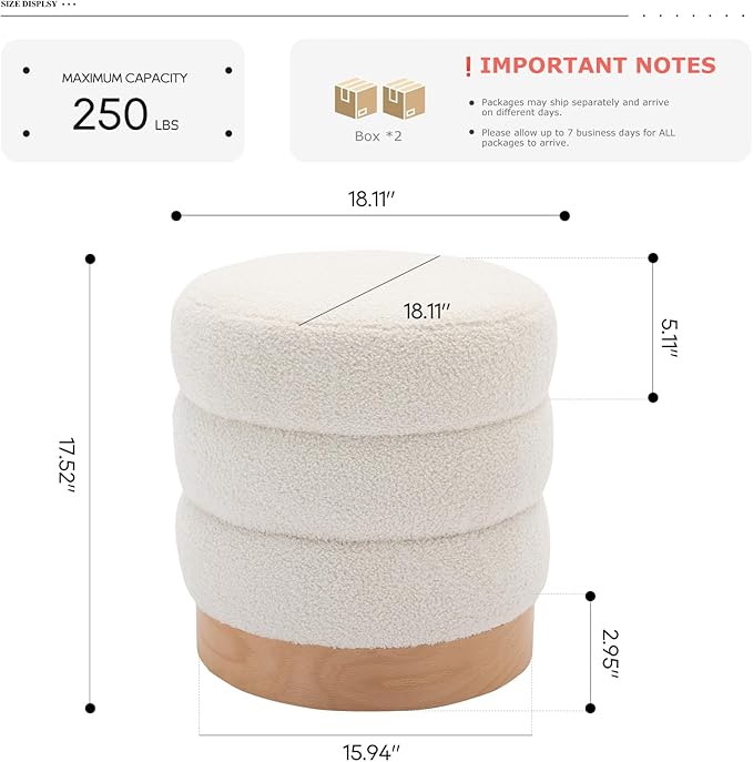 COLAMY Sherpa Ottoman Footstool, Tufted Modern Foot Rest Stool with Wood Base for Living Room, Bedroom, Desk, Round Versatile Side End Table, Pouf, Makeup Seat,2pcs,Cream