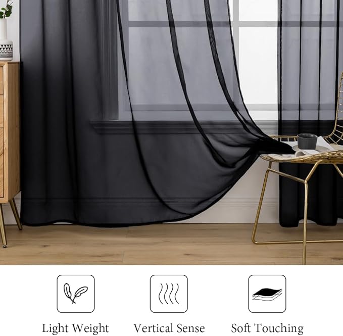 MIULEE 2 Panels Solid Color Sheer Window Curtains Elegant Halloween Window Voile Panels/Drapes/Treatment for Bedroom Living Room (54X63 Inches Black)