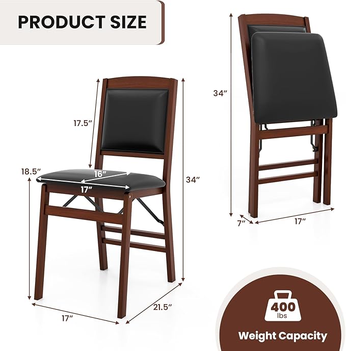 COSTWAY Folding Dining Chairs Set of 4, Wooden Kitchen Side Chairs w/Padded Seat, Solid Wood Frame, 400 LBS Load Bearing, No Assembly Needed, Vintage Foldable Chairs for Dining Room, Living Room