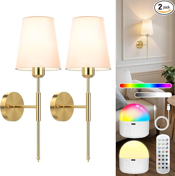 20 inch Battery Operated Wall Sconces Set of 2, Wireless Wall Lights with Rechargeable Bulbs & Remote, 15 Colors & Dimmable, Battery Powered Wall Lights for Bedroom, Living Room, Hallway, Gold
