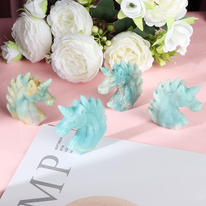 Artistone 3" Amazonite Crystal Unicorn Statue Hand Carved Gemstone Unicorn Animal Carvings Healing Collectible Figurine Reiki Gift Meditation Paperweight Home Office Decor