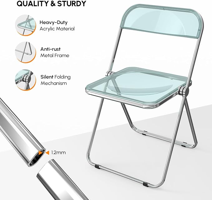 VINGLI Acrylic Folding Chairs 2 Pack, Clear Chair Foldable and Stackable, Plastic Panel & Metal Chrome Frame, Weight Capacity 350 lbs, Blue Green