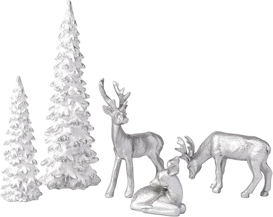 DN DECONATION Christmas Decoration Reindeer and Tree Figurines – Xmas Reindeer with White & Silver Tree Statues Decor – Resin Christmas Village for Winter Table Mantle Decor Set of 5