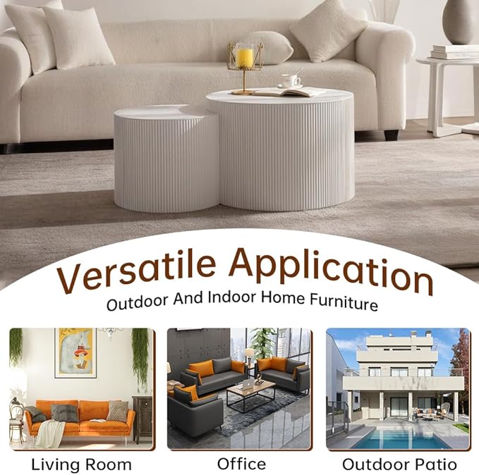 Round Nesting Coffee Table Set of 2 Modern White Fluted Coffee Table Small Round End Table Crescent Side Table Circular Coffee Tables Nested Coffee Tables for Living Room (Cream Small)