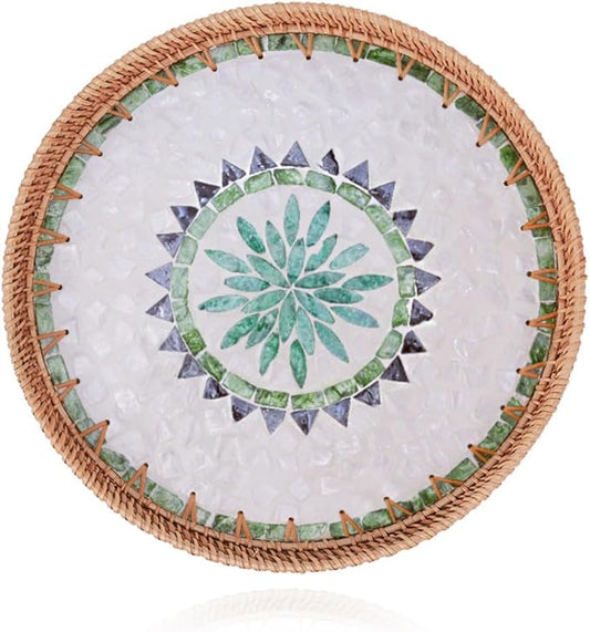 Shellac Rattan Tray with Mother of Pearl Inlay, Round Decorative Serving Tray for Home Décor Coffee Table Storage and Display Ottoman Tray, 100% Natural Materials - Mix Color 13.5"
