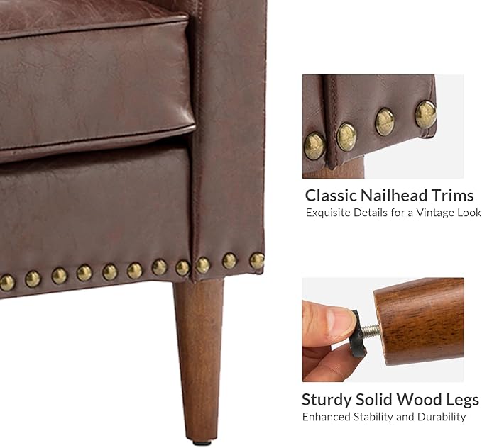 HULALA HOME Faux Leather Accent Armchairs Set of 2 with Back & Seat Cushions, Traditional Club Chairs with Nailhead Trim, Comfy Upholstered Sofa Chairs for Living Room Bedroom, Brown