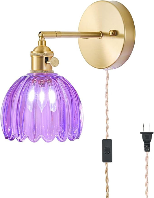 Plug in Wall Sconce, Vintage Sconce Light with Tulip Purple Glass Lampshade, 180° Adjustable Wall Sconce with Switch and Plug in Wall Lamp Cord, Gold Wall Light for Bedroom Bedside