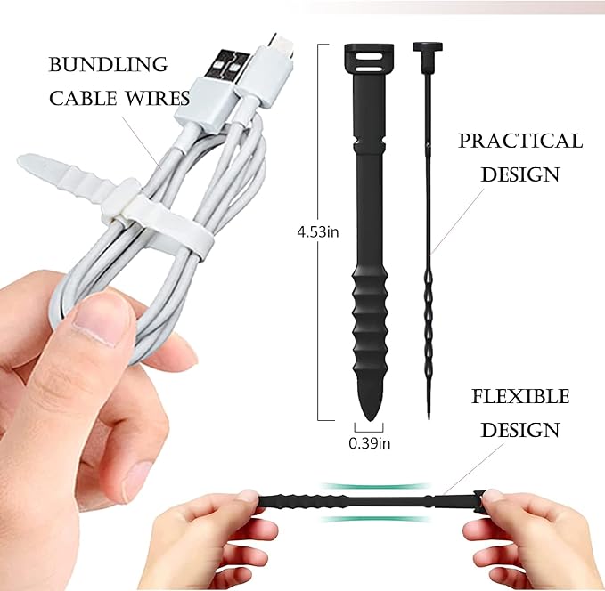 24Pcs Reusable Silicone Zip Ties, Rubber Cable Ties for Cable Management, 4.5 Inch Elastic Cable Organizer for Home Office Table Desk Organization, Bundling Cable Wires (12 Colors)