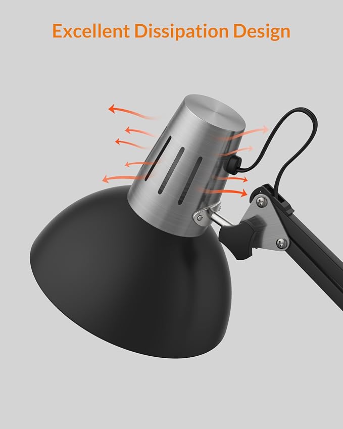 LEPOWER Metal Desk Lamp, Adjustable Goose Neck Architect Table Lamp with On/Off Switch, Swing Arm Desk Lamp with Clamp, Eye-Caring Reading Lamp for Bedroom, Study Room &Office (Black)