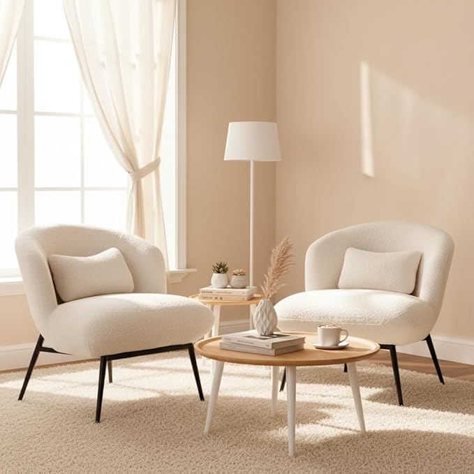 LukeAlon Modern Sherpa Accent Chair Upholstered Single Sofa Chair with Pillow & Black Metal Legs, Comfy Vanity Chair for Living Room, Bedroom, Office, White