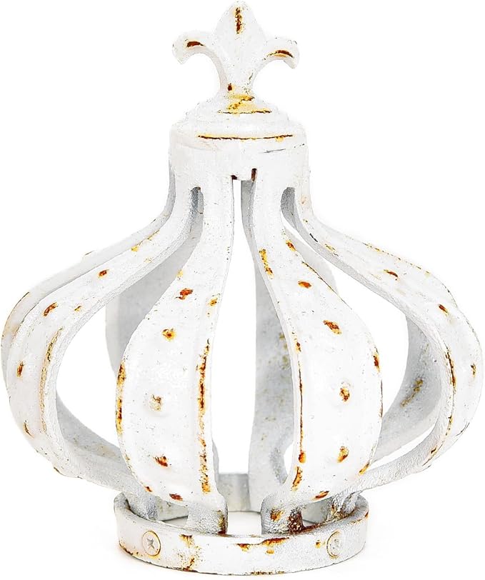 Sungmor Cast Iron Crown Sculpture, Antique White with Rustic Accent, Creative Candle Cover, Centerpiece Art Crown Statue for Tabletop Decor, Bookshelf, Special Occasions