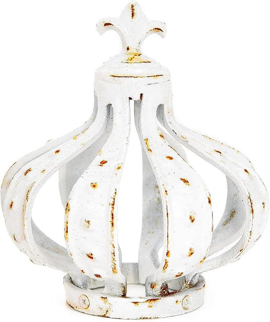 Sungmor Cast Iron Crown Sculpture, Antique White with Rustic Accent, Creative Candle Cover, Centerpiece Art Crown Statue for Tabletop Decor, Bookshelf, Special Occasions