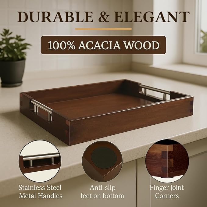 Serving Tray with Handles – 17 x 12 x 2 Inch Dark Brown Acacia Wood Ottoman Tray Table Decorative – Coffee Trays Wood Decor for Kitchen – Breakfast in Bed Trays with Silver Metal Handles
