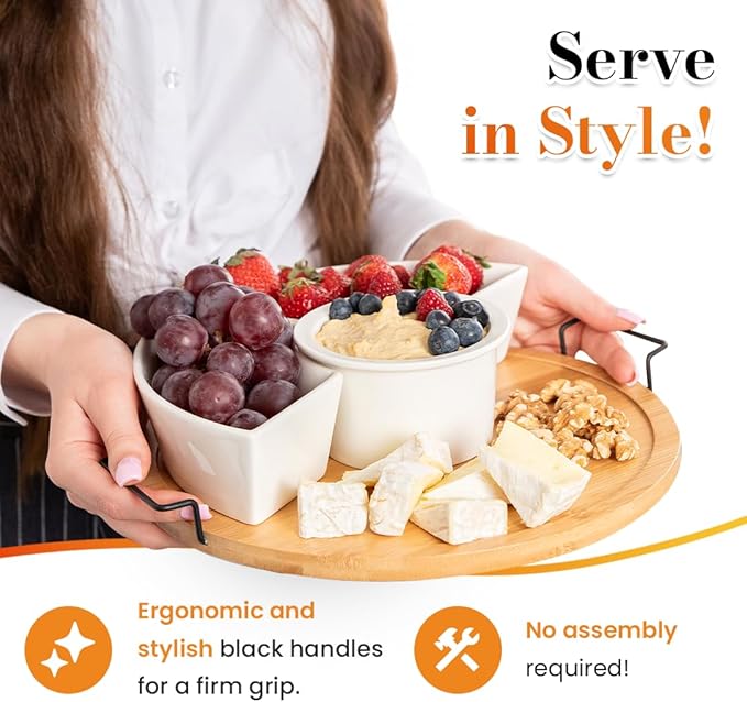 Chip & Dip Serving Set | Appetizer Set With Rotating Bamboo Lazy Susan Tray| White Ceramic Bowls With Bamboo Lids | Black Handle Tray | 11.22” Round Party Platter | Giftable