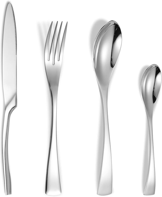 Lemeya 24-Piece Silverware Set for 6,Heavy Duty 18/10 Stainless Steel Cutlery Set with Forged Stand Knife,Modern Flatware Utensils Set,Forks Spoons and Knives Set,Mirror Polished,Dishwasher Safe