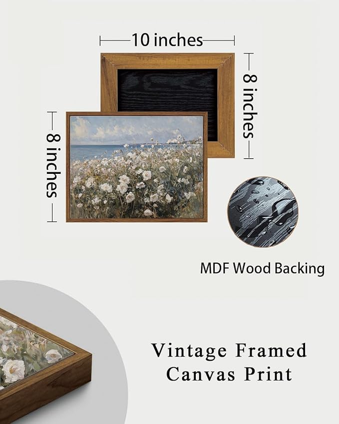 KISSFOX Vintage Floral Framed Wall Art Coastal Rose Wildflower Canvas Wall Art Neutral Farmhouse Serene Countryside Paintings Artwork Rustic Art Prints For Bedroom Living Room