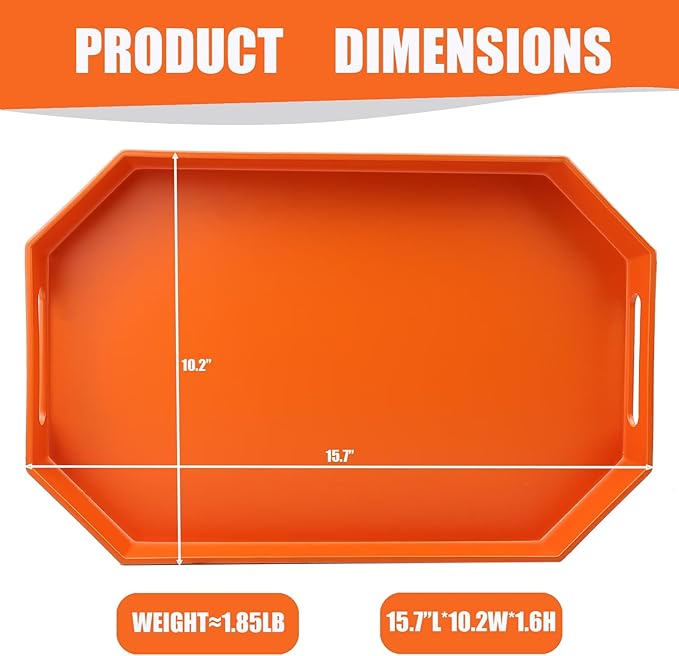 Orange Octagonal Serving Tray with Handles for Coffee Table, Plastic Decorative Tray for Ottoman, Kitchen Counter, Living Room, Outdoor Lacquer Tray for Entertaining