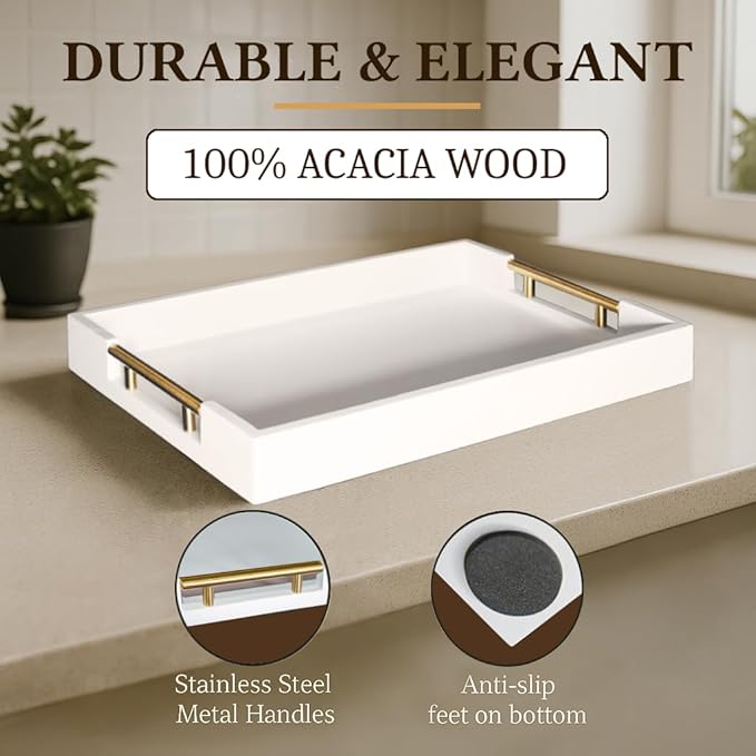 Serving Tray with Handles – 17 x 12 x 2 Inch White Acacia Wood Ottoman Tray Table Decorative – Coffee Trays Wood Decor for Kitchen – Breakfast in Bed Trays with Golden Metal Handles (White)