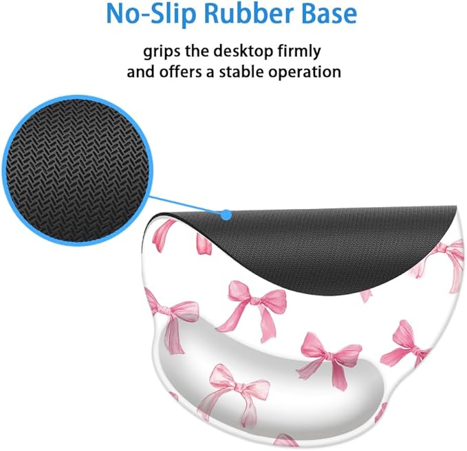 Mouse Pad with Wrist Support, Ergonomic Mouse Pad with Memory Foam Wrist Rest Cushion, Non-Slip Rubber Base Gaming Mice Pad for Home Office Computer Laptop,Pink Bow