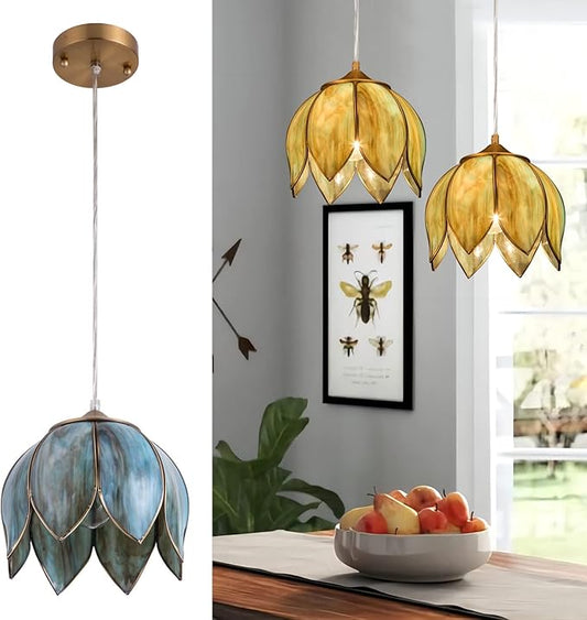 Pendant Lighting, Vintage Oriental Lotus Brass Ceiling Pendant Light Fixture, Mixed Blue-Green Glass Hanging Lamp for Kitchen Island Dining Room Living Room Sideway Shops, UL Listed
