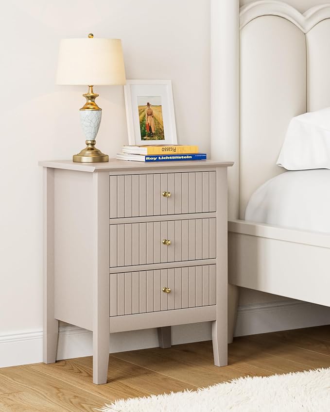 Night Stand, Fluted Nightstand Bedside Tall Farmhouse Nightstand with 3 Drawers, Mid Century Modern Side Accent Table,Bedside End Table for Bedroom, Living Room, Khaki