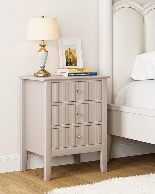 Night Stand, Fluted Nightstand Bedside Tall Farmhouse Nightstand with 3 Drawers, Mid Century Modern Side Accent Table,Bedside End Table for Bedroom, Living Room, Khaki