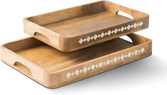 Mela Artisans Wooden Serving Tray Set of 2 with Handles | Mango Wood Decorative Trays | 15x10x1.75 & 13x9x1.75 | Ottoman Tray | Snacks | Desserts | Bread | Coffee Table | Bedroom | Rounded Edge