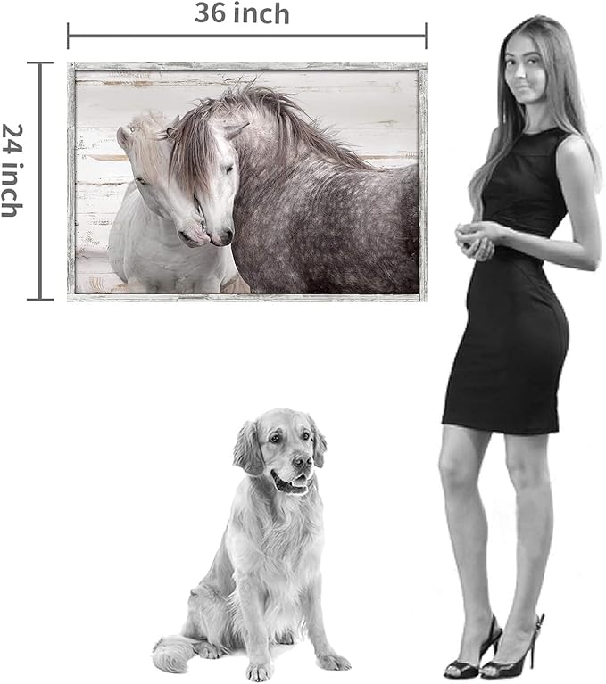 Horses Wall Art Framed Painting Rustic Horse Nuzzling Picture Wildlife Animals Portrait Wooden Print Artwork for Living Room Farmhouse Decor 36 x 24 Inches