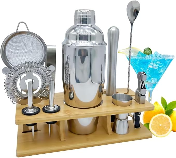 Bartender Kit 11-Piece Cocktail Shaker-Muddler for Cocktails 25oz Boston Shaker-Bar Accessories with Stylish Bamboo Stand Mix Drink Shaker kit Perfect Martini kit with Cocktail Recipes
