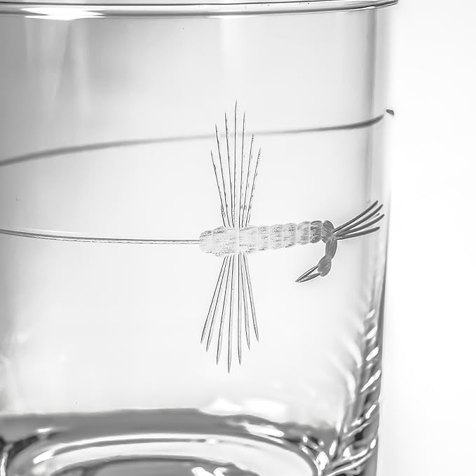 Rolf Glass Fly Fishing Double Old Fashioned Glass | 13oz Engraved Whiskey Tumblers | Set of 2 Lead-Free Crystal Glasses | Made in the US