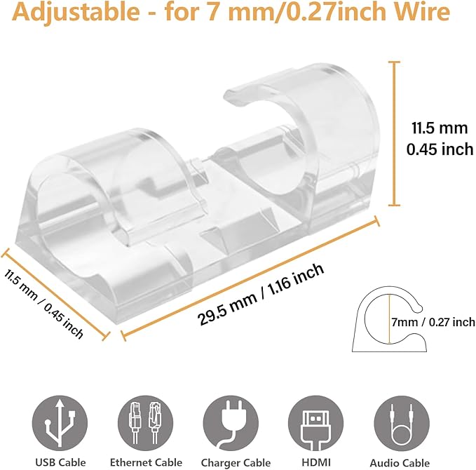 60 Pcs Clear Cable Clips with 3M Adhesive, Wire Holders Under Desk, Cord Management for Wall, Car, Ethernet, PC, Christmas Light Indoor/Outdoor