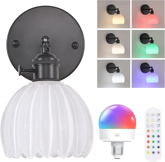 Vintage Battery Operated Wall Sconce with Cute White Tulip Glass Lampshade Wireless Rechargeable Battery Powered Black Wall Light with Remote Control for Bedside Bedroom Doorway