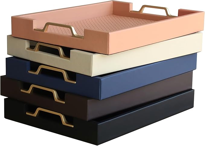 HofferRuffer Faux Leather Rectangle Serving Tray Decor Platter with Gold Metal Handles for Coffee Table, Breakfast, Tea, Food, Countertop, Kitchen, Butler Tray, 16.2 x 12.2 x 2 inches (Coffee)