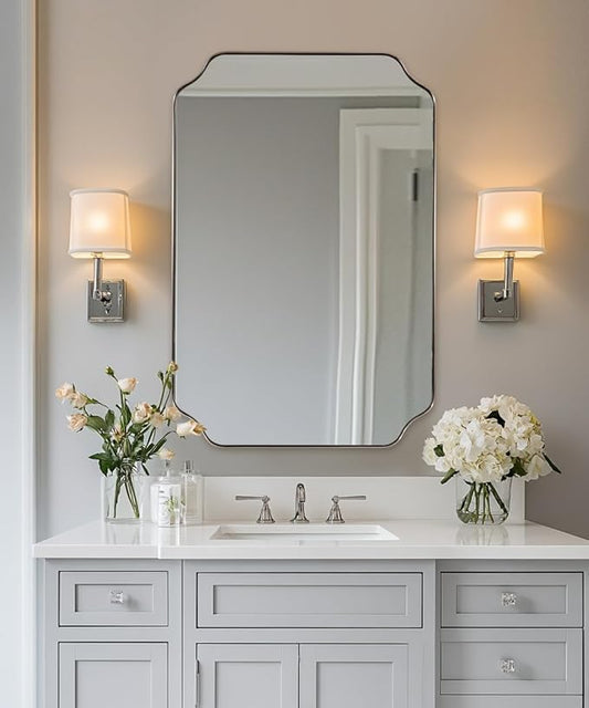 ANDY STAR Scalloped Bathroom Mirror, 24x36 Inch Brushed Nickel Rectangle Mirror, Silver Bathroom Vanity Mirror, Silver Framed Mirror in Anti-Rust Stainless Steel Metal, Thin Frame Deep 1’’