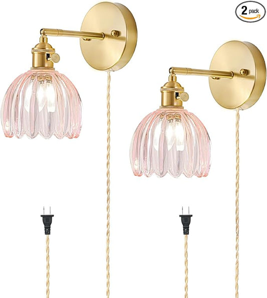 Plug in Wall Sconces Set of 2, Vintage Wall Sconce Light with Tulip Pink Glass Lampshade, 180° Adjustable Wall Sconce with Switch and Plug in Wall lamp Cord, Gold Wall Light Wall Decor Set of 2