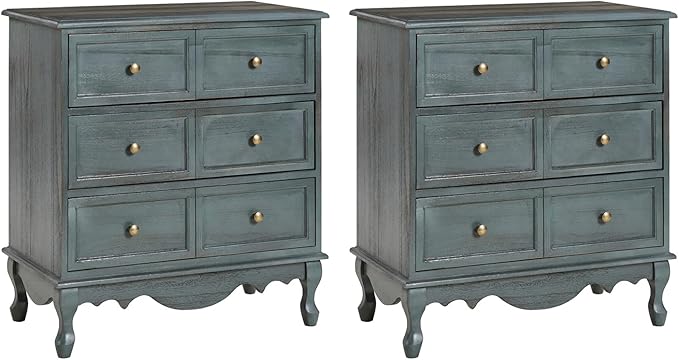 HULALA HOME 3-Drawer Nightstand with Charging Station, Farmhouse Solid Wood Nightstand Set of 2(Blue)
