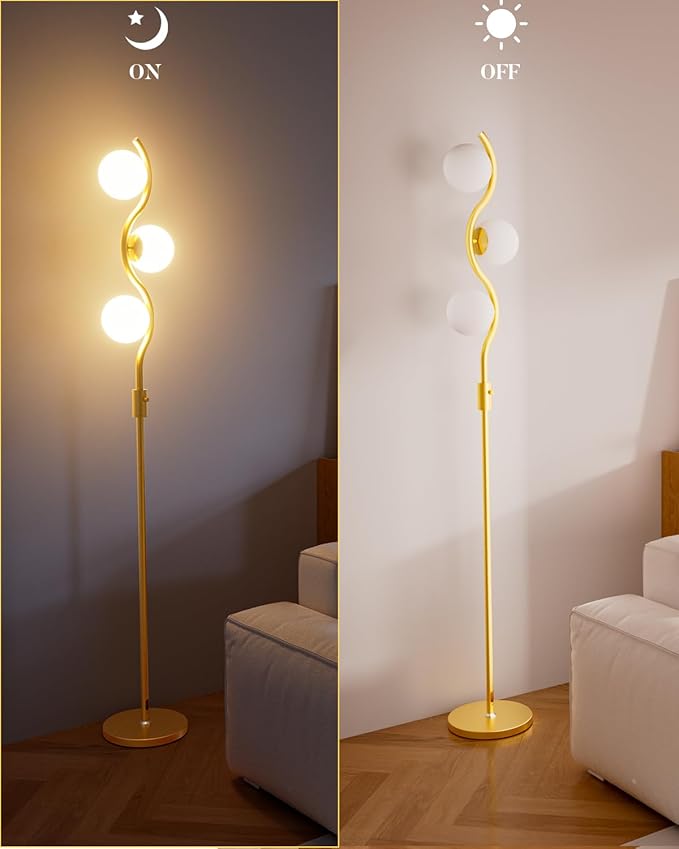60IN Dimmable Gold Globe Floor Lamp, Modern Standing Lamps with 3 Soft Warm White 3000K Bulbs, Mid Century Floor Lamp for Living Room Bedroom Home Decor